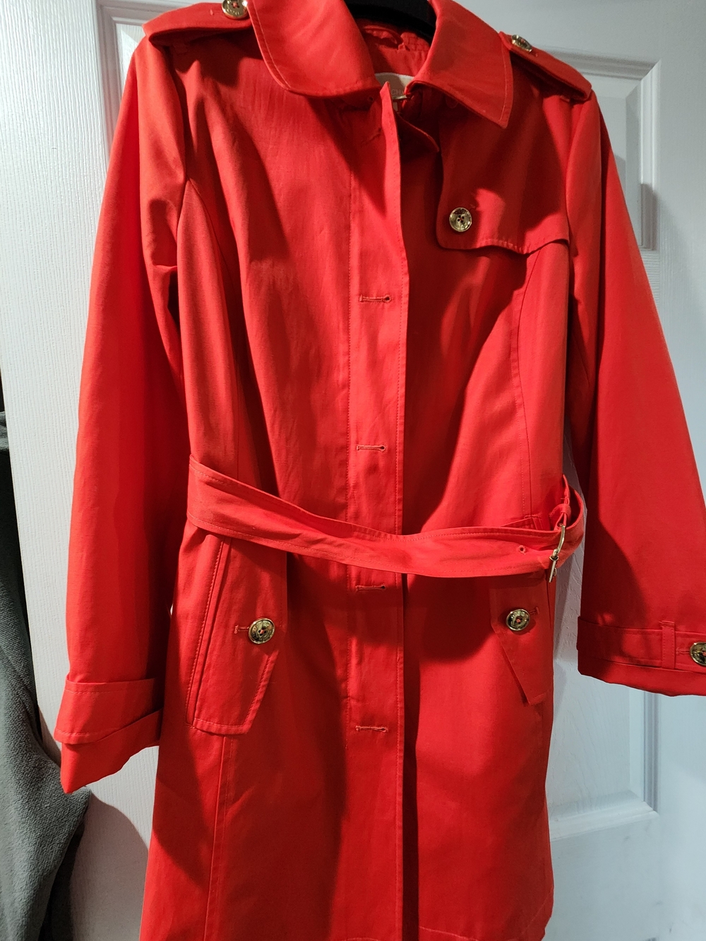 MICHAEL Michael Kors Red Belted Trench Coat with Gold Buttons
